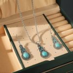 Set 3 pc Vintage Style Blue Crystal Inlaid Turquoise Pendant With Lantern Chain Silver Photo 4