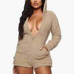 Amazon Teddy bear sherpa hooded romper short jumpsuit in beige size xl new Photo 2