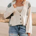 POL  Boho Quilted Cable Knit Oversized Cardigan Cream & Olive Sweater Jacket Sz M Photo 0