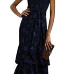 Ralph Lauren NWT Floral Jacquard Sleeveless Navy Halter Dress Tiered Ruffle 14 Photo 0