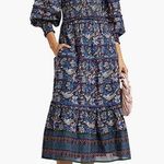 Sea Noah Shirred Tiered Floral Print Navy Blue Cotton Midi Dress Size 2 Photo 0
