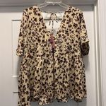 Entro New Brown Tan Leopard V Neck Babydoll Top Size Large Boho Loose Tassels Photo 5