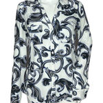 EXPRESS Shirt Womens Small Slim Fit Portofino White Blue Scroll Print Office Photo 0