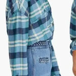 Free People  Oversized Raw Hem Button Down Shirt S Blue Plaid Photo 0