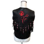 Red Rose Inlaid Suede Black Fringed Real Leather Biker Vest Lace Sides Small Photo 1