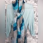 Talbots Versatile Blue Turquoise and Gray Striped Scarf linen with fringe by Photo 6