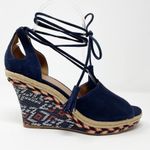 CAbi Isla Blue Suede Ankle Wrap Wedge Sandals Espadrille Southwestern Shoes 8 Photo 1