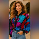 RARE NWT DEADSTOCK Vintage 80s Abstract Picasso Satin Bat Sleeve Loose Top 6 Black Size M Photo 12