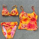 Vintage 90s 3 Piece Bikini Tankini Orange Sunset Floral Swimsuit Set Size M Photo 3