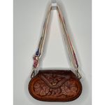Vintage 1970s Tooled Leather Floral Crossbody Bag with Embroidered Strap Brown Photo 10