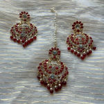 3 piece set earrings and tikka costume jewelry Pakistani Indian Bollywood Style Red Photo 1