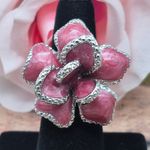 None Silver Tone & Pink Enamel Large Statement Flower Ring Size 7 Fashion Cocktail Photo 4