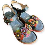Navy L’artiste Floral Wedge Sandals | Size 10 | hand painted leather shoes Blue Photo 0