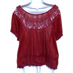 Free People  Red Blouse Top S Crochet Lace Yoke Boho Feminine Dark Romantic Flowy Photo 2