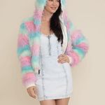 SpiritHoods Doll Party Jacket Women XS Cropped Hooded Faur Fur Festival Glitter Pink Photo 0