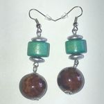 Silver Tone & Wooden Teal Beads Brown Glass Boho Ball Drop Pierced Earrings Photo 0