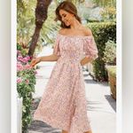 NEW Floral Print Beach Dress Midi Short Sleeves A Line S Pink Photo 2