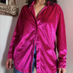 Long Sleeve L Fuchsia Pink Velvet Blouse Button down Shiny Satin 90s Party Top Size L Photo 0