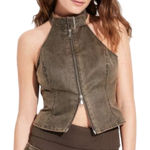 Wild Fable Waxed Twill Utility Top Brown High Neck Buckle Zip Front Woman’s Size S Photo 0