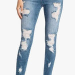 KanCan Heavily Distressed High Waist Buttonfly Midwash Fringe Hem Skinny Jeans Blue Size 27 Photo 0