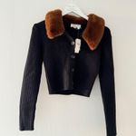 Anthropologie NWT Black Faux Fur Collared Cardigan Sweater S Photo 5