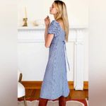 Emerson Fry Midi Dress 100% Linen Gingham Gathered Sleeve Blue Size XXS Photo 1