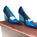Amina Muaddi NEW Ane Pointed Toe PVC Glass Patent Wedges Heels Blue US 7.5 Photo 0