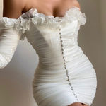 House Of CB  Astrid Ivory Chiffon Ruffle Bardot Ruched Mini Dress Size L+ Photo 0