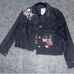 Bershka  Embroidered Black Denim Jacket Floral Raw Hem Size Small Photo 0