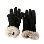 Isotoner Black Genuine Leather Gloves Real Fur Trim Lined Winter Womens Photo 2