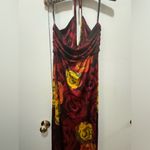 Alice + Olivia  Silk V-Neck Halter Top Maxi Dress Red Orange Roses Size Large Photo 5