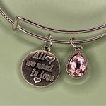 Silver Tone All We Need is Love Bangle Bracelet with Pink Rhinestone Charm Photo 1