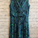 Talbots Women’s sleeveless v-neck mini blue/green peacock feather floral dress 8 Photo 1