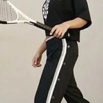 Free People  Baby Got Track Black and Blue Pull Away Sweatpants Sz Medium High Wa Photo 0