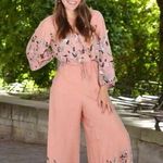 Jaase Floral Dandelion Wide Leg Jumpsuit Womens Small Peach Blue Bell Sleeve Photo 0