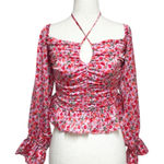 WAYF  Pink‎ Rose Floral Sweetheart Ruched Peplum Top Cottagecore Coquette Small Photo 0