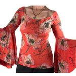 Free People Medium Blouse Top Flared Sleeves Orange Floral Stretch Boho Festival Photo 0