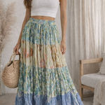 st. john's bay St. John’s Bay Tiered Crinkle Maxi Skirt Blue Green Floral Boho Size M Photo 0