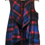 HYFVE  Plaid Vest Womens Medium Drape Front Faux Leather Trim‎ Red Blue Photo 0