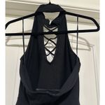 EXPRESS  Halter Dress Sz M Petite Black Crisscross Keyhole Fit and Flare Backless Photo 2