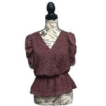 Paper Crane Burgundy Polka Dot Faux Wrap Blouse S Puff Sleeve Peplum Retro Pinup Photo 1