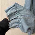 Vintage NY LINE 100% Cotton Denim Ruffle Tie Blouse Large Blue Photo 1