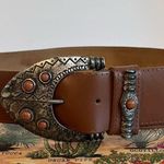 None Vintage 90s Saffron Made in Italy Brown Genuine Leather Stone Buckle Belt M Photo 12