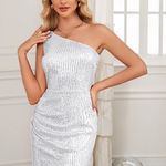 Grace Karin NWT Womens Sequin One Shoulder Ruched Bodycon Party Dress Silver Photo 0