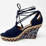 CAbi Isla Blue Suede Ankle Wrap Wedge Sandals Espadrille Southwestern Shoes 8 Photo 2