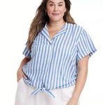 Ava & Viv  Linen Blend Striped Tie Front Cropped Short Sleeve Button Down Photo 0