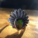 Natural Canadian Ammolite Sterling Silver Native American Feather Ring Green Photo 5