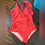 Eloquii Coral Colored One Piece Swimsuit with Halter Neckline Photo 0