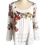 Women's white floral Embroidered Lace Boat Neck Blouse Flutter Long Sleeve Red Size M Photo 0