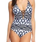 Seafolly Australia Blue White Black Modern Tribe Deep V Neck Maillot One Piece Photo 1